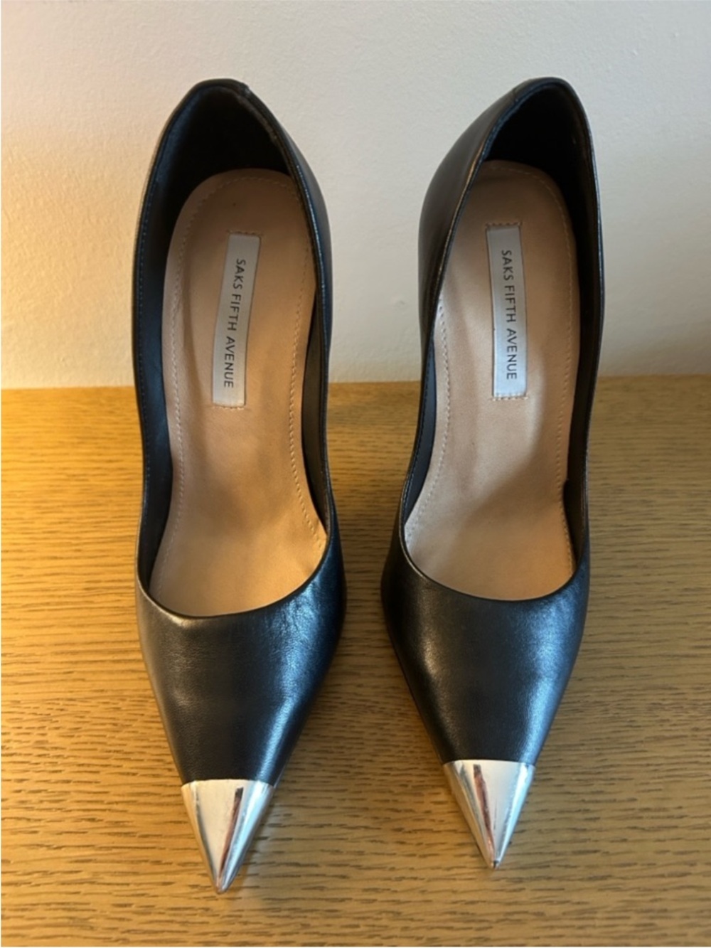 Saks Fifth Avenue Black Leather Pointed Pumps with Silver Toe Cap - Picture 10 of 10